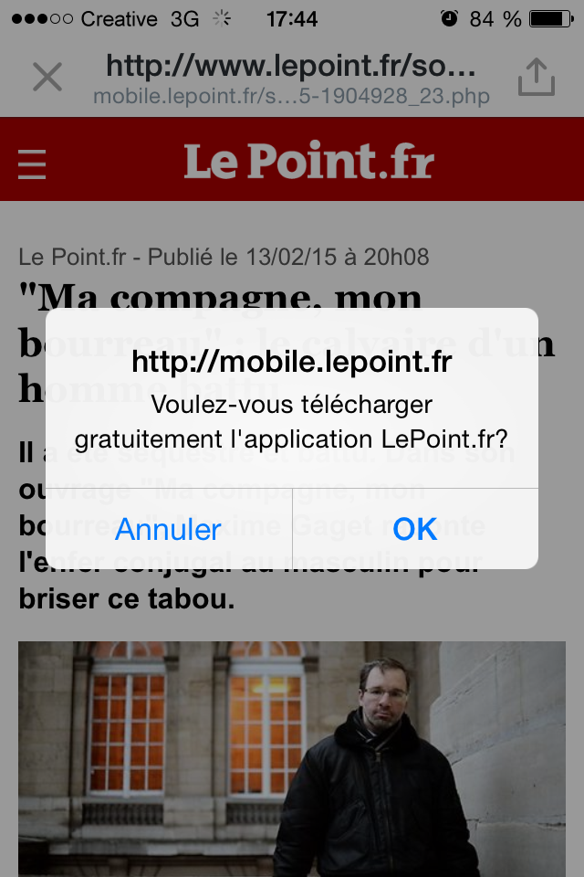 Le site LePoint.fr et sa pop-in intrusive qui invite à télécharger son application native